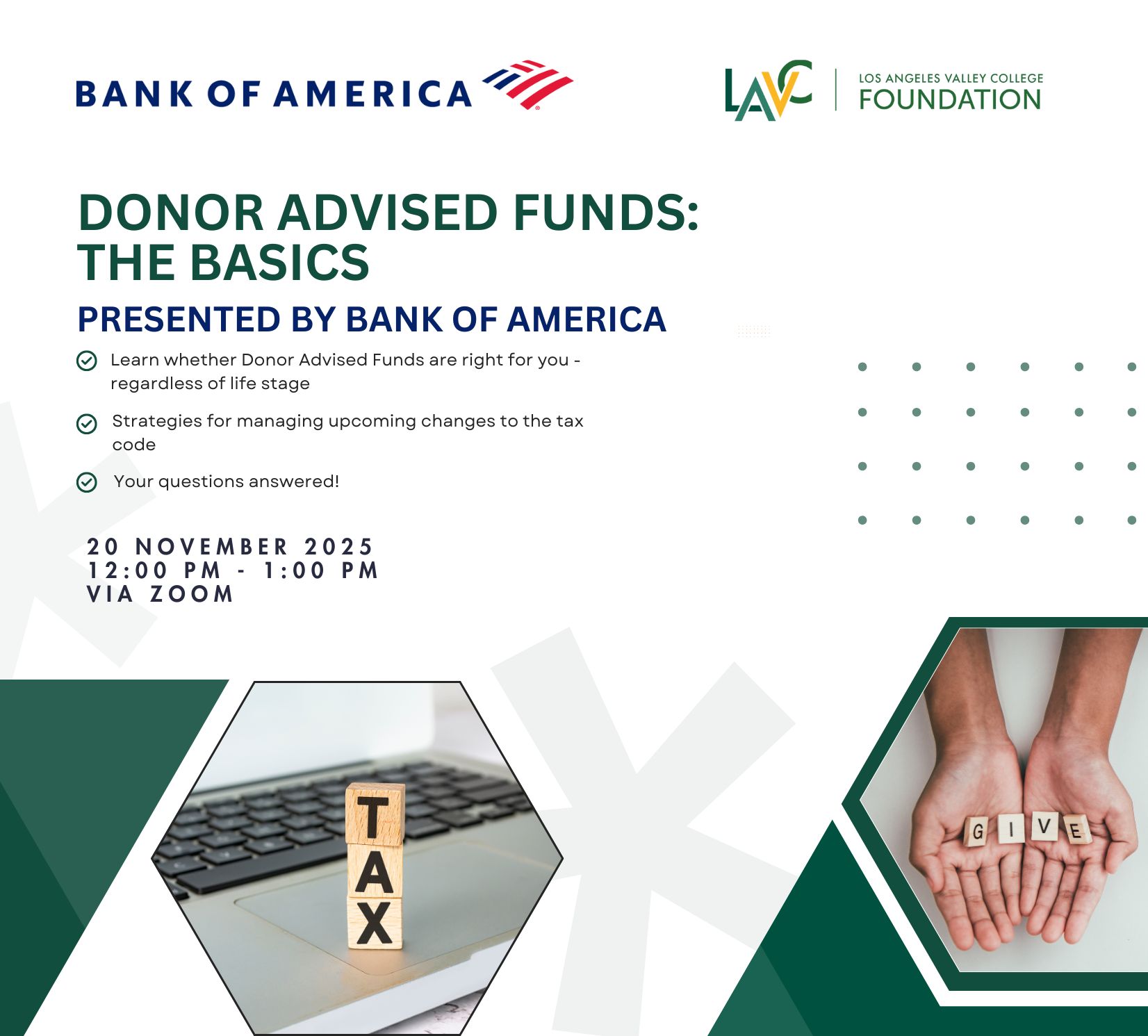 Webinar Flyer for Donor Advised Funds presented by Bank of America and LAVC.