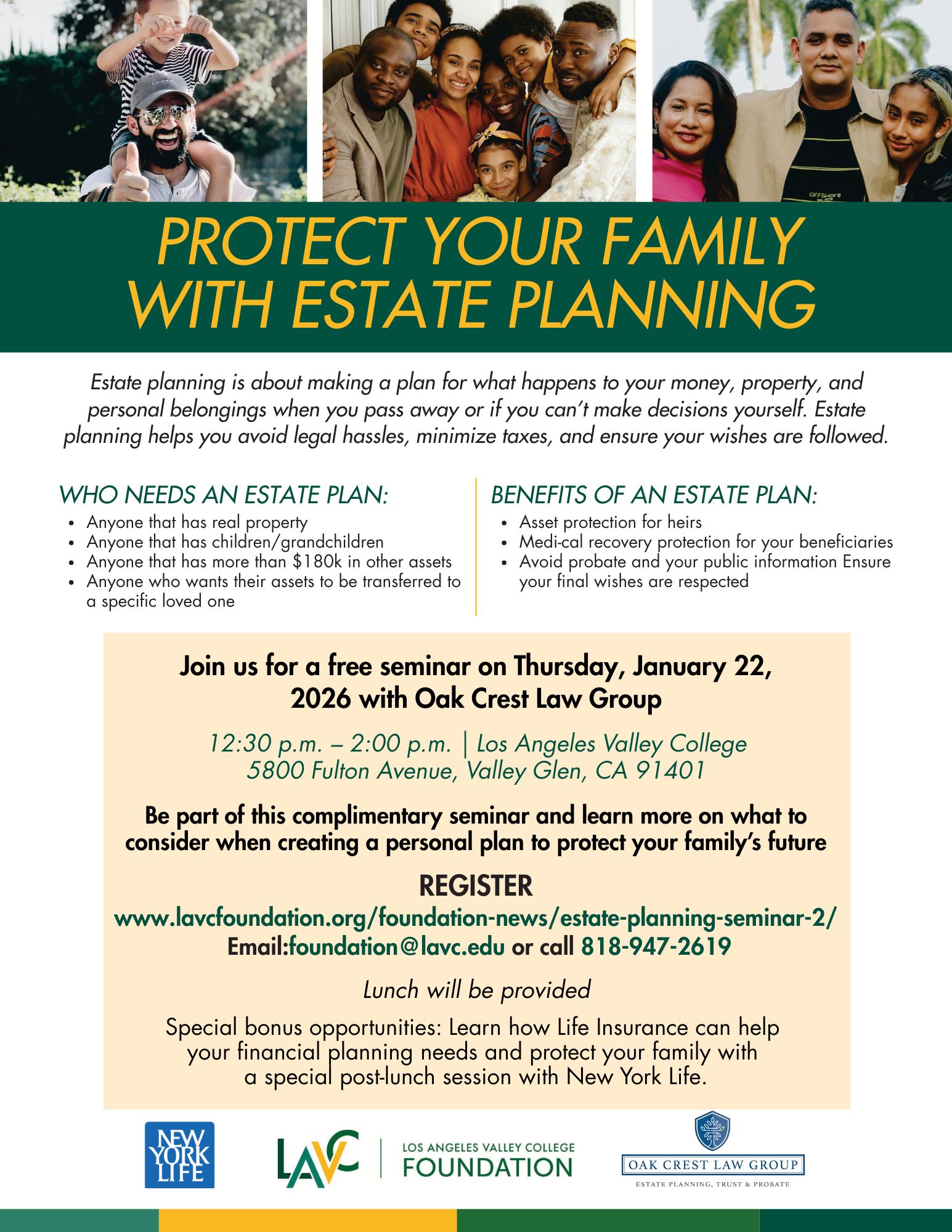 Free LAVC Estate Planning seminar January 22, 2026. Flyer describing benefits of Estate Planning
